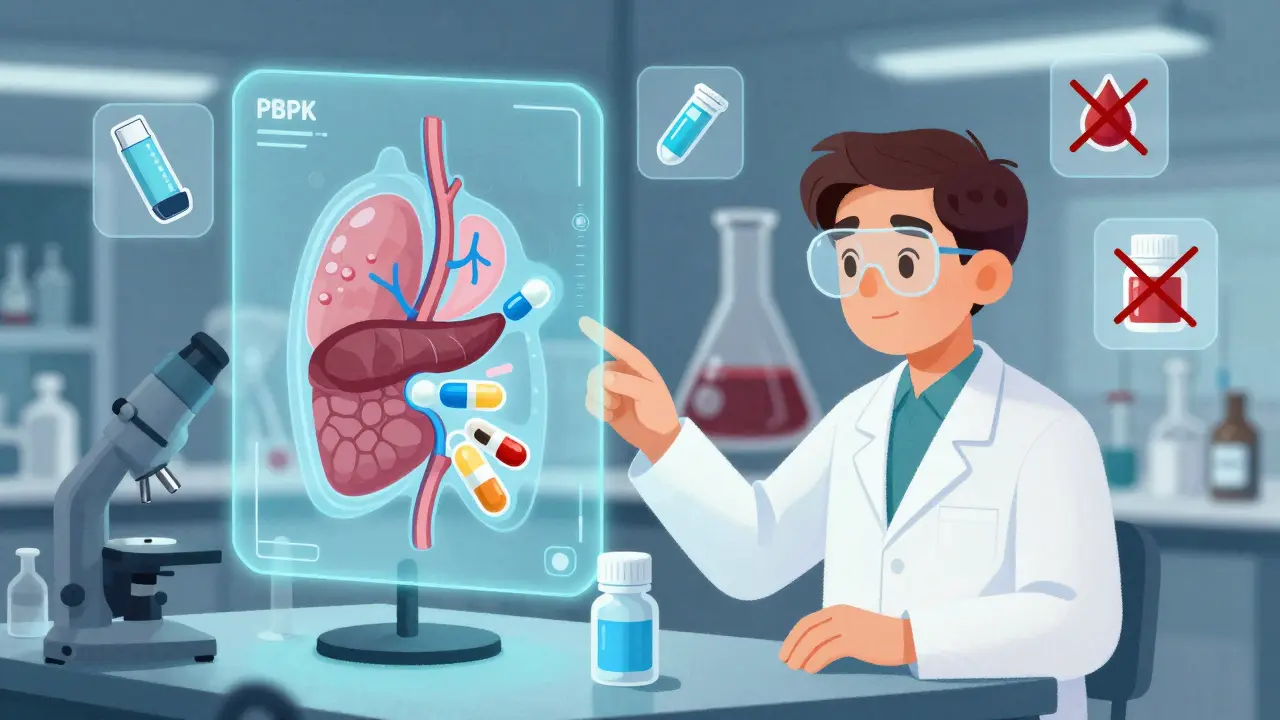 Scientist interacting with holographic drug absorption model, outdated blood tests fading in background.
