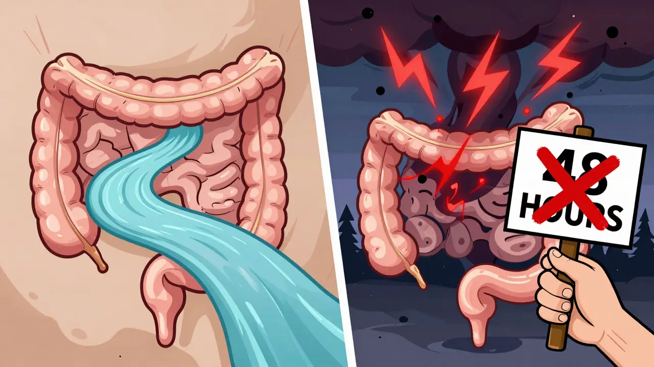 Split illustration of a healthy gut versus a chaotic infected gut with a warning sign for 48-hour limit.