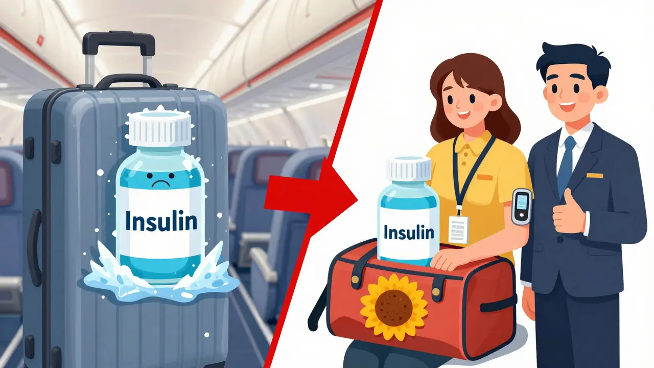 Split image: dangerous cargo hold vs. safe carry-on with medical devices and lanyard