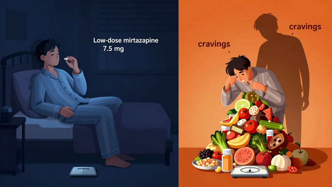 Split scene: low-dose mirtazapine with calm night vs. high-dose with overwhelming food and rising scale.