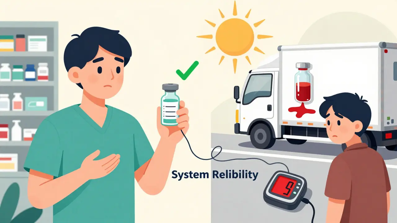 Split scene: safe local pharmacy vs. melting insulin in hot delivery truck.