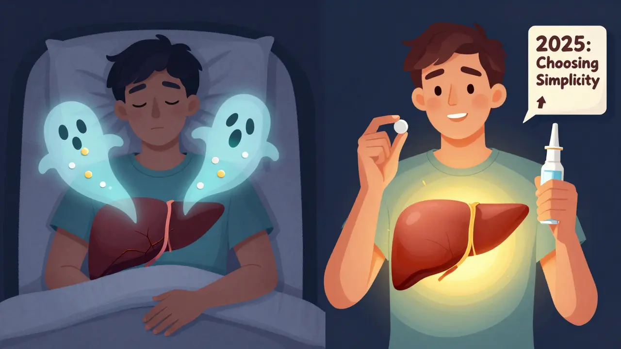 Split scene: sick person with damaged liver vs. healthy person using simple remedies for cold symptoms.