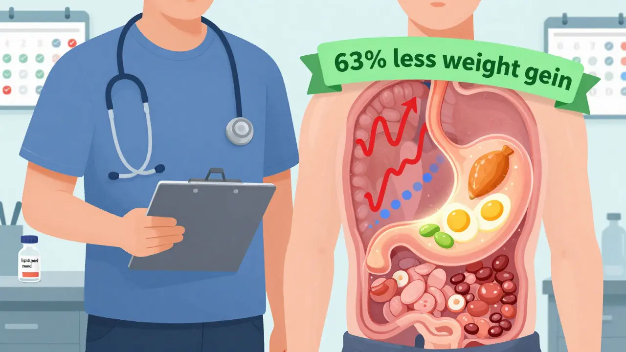 Transparent body showing rising triglycerides and falling HDL, with protein-rich food reducing weight gain.
