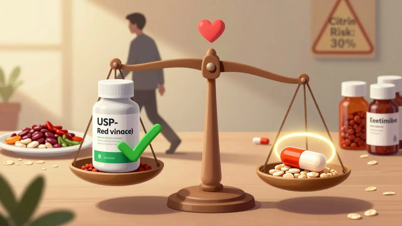 A balanced scale comparing USP-verified red yeast rice with ezetimibe, while a person steps away from unregulated supplements toward healthy foods.