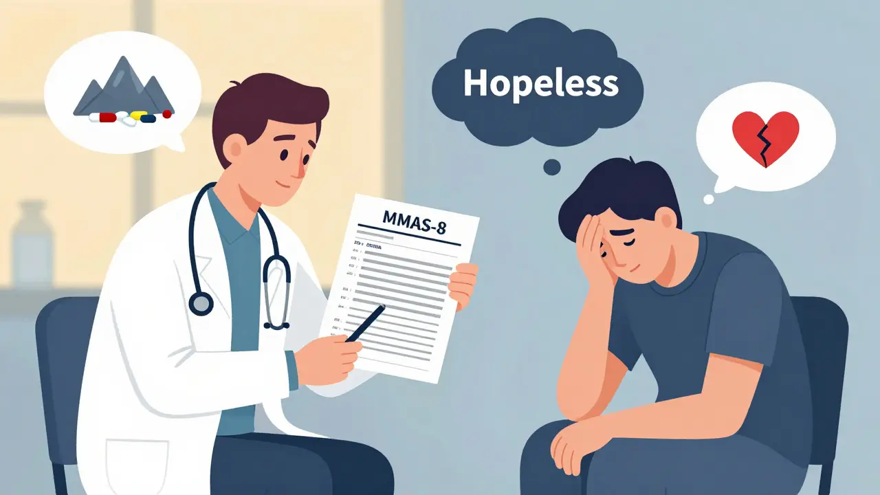 A clinician and patient together with thought bubbles showing pills, a dark cloud, and a cracked heart, representing emotional and medical challenges.