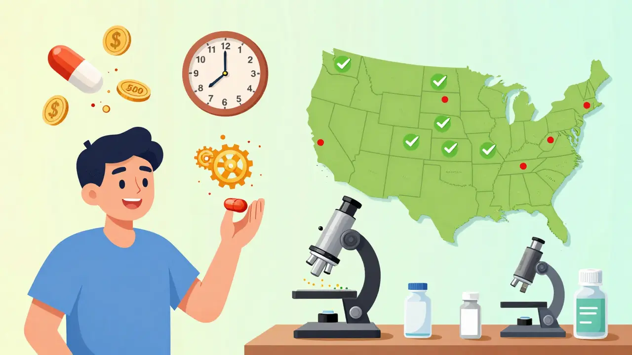A patient holding a generic pill as it transforms into savings, with drug shortage locations turning green and complex medications being analyzed.