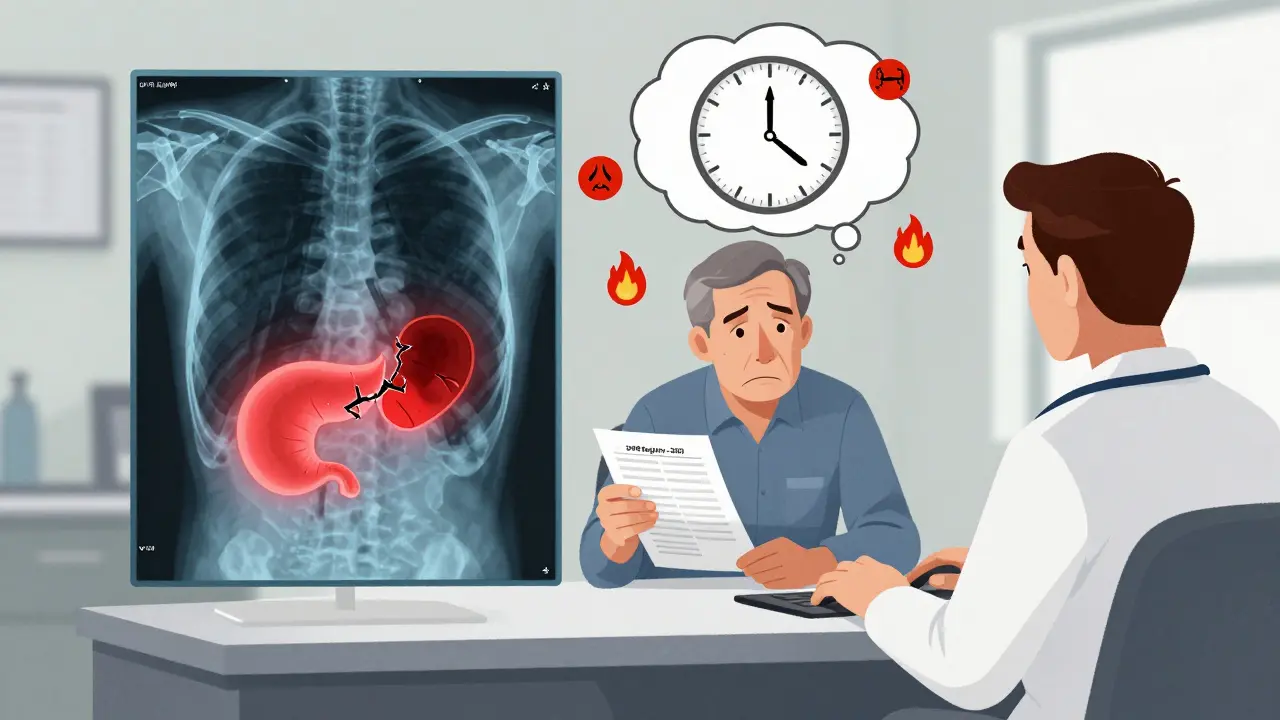 A patient in a doctor’s office with a translucent X-ray showing a damaged pancreas and a clock ticking past four weeks.