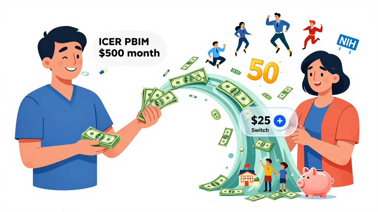 A patient paying 0 vs.  for the same drug, with savings flowing to a hospital and family, while icons of health agencies shine above.