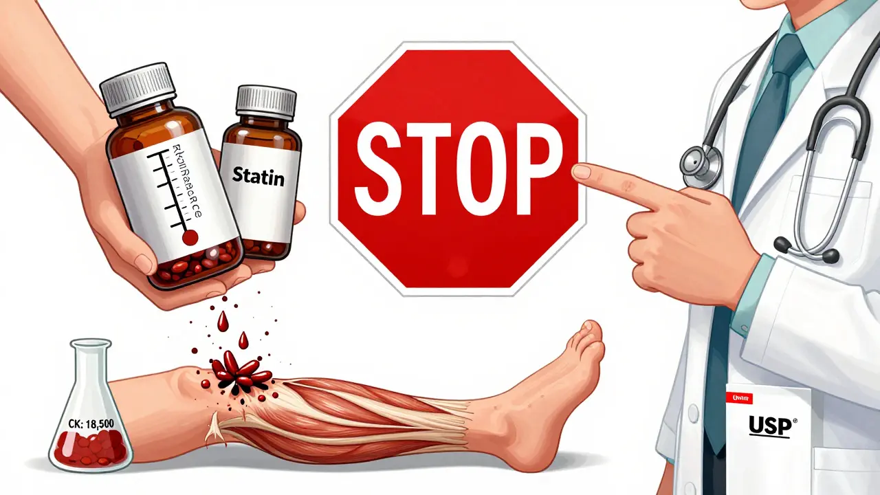 A person holding two bottles of red yeast rice and statin, with a STOP sign between them and muscle fibers fraying in the air.