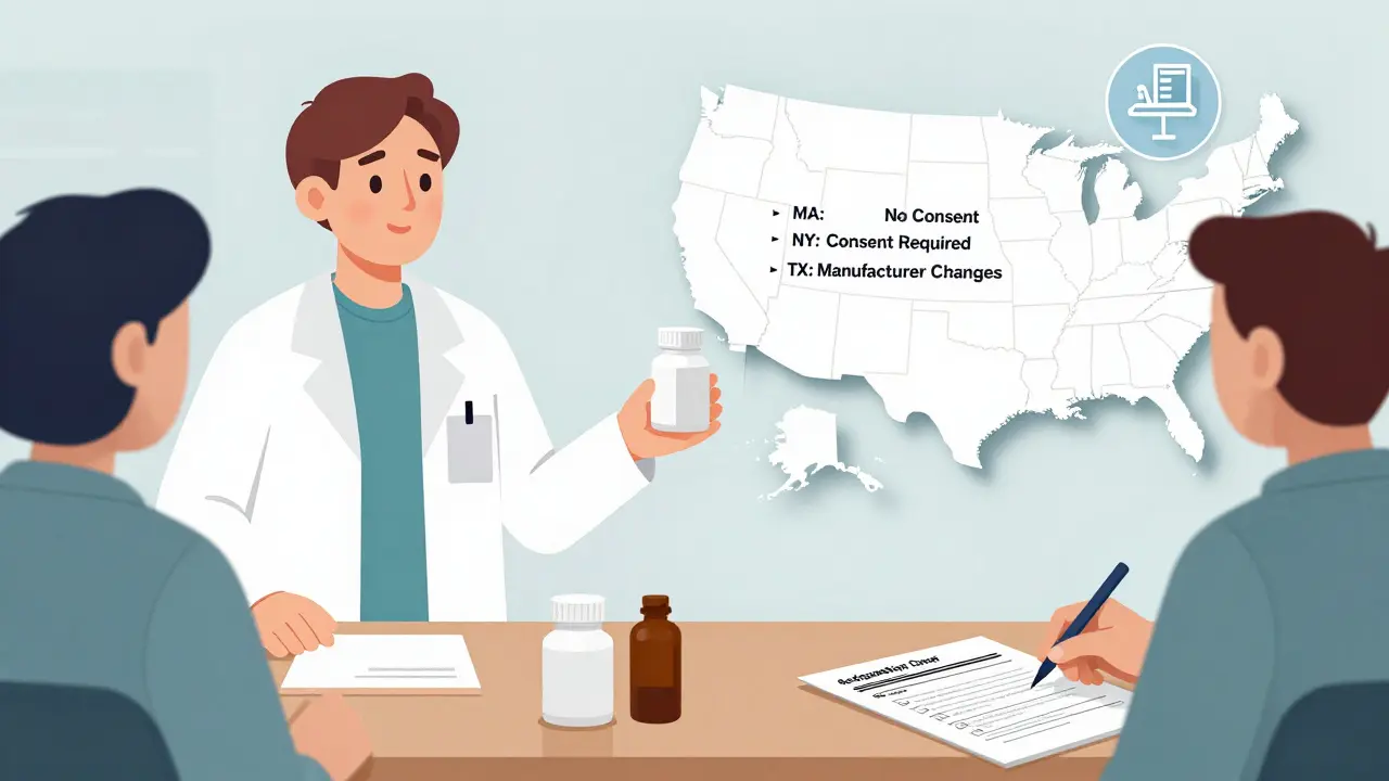 A pharmacist hands a pill bottle to a patient in one state, while another signs a consent form in a different state, highlighting U.S. state-by-state substitution laws.