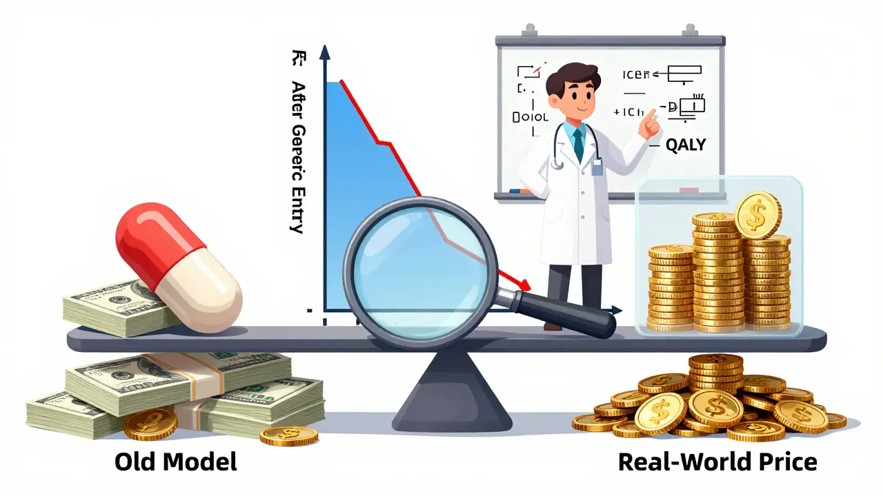 A scale balancing two identical pills—one costly, one cheap—with a price-drop graph beneath, and a scientist explaining cost-effectiveness metrics.
