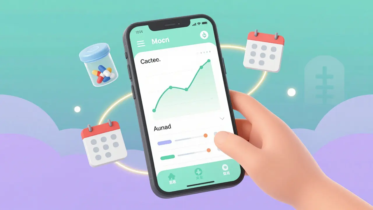 A smartphone app tracking mood and meds, with floating icons showing missed doses and a helping hand, symbolizing digital support for adherence.