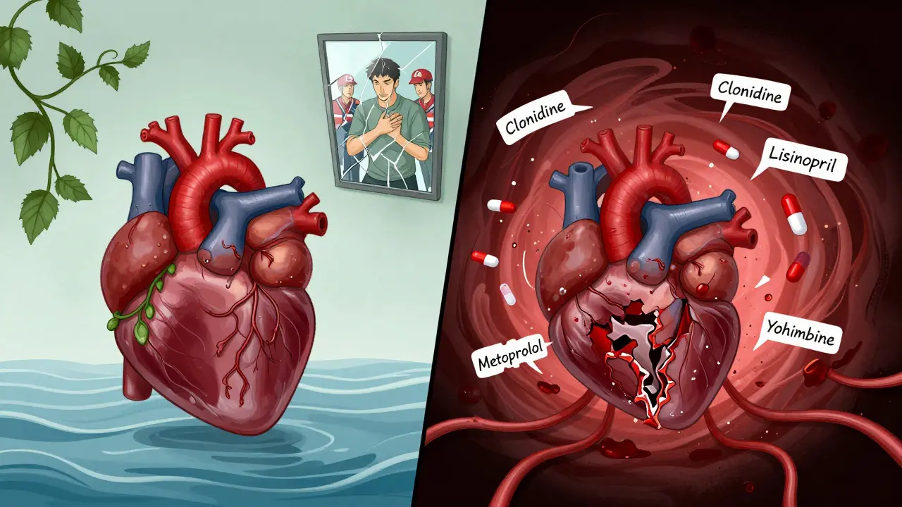 A split image: one side shows a healthy heart, the other a ruptured heart with snapping vessels as pills are torn apart by a yohimbine vortex.