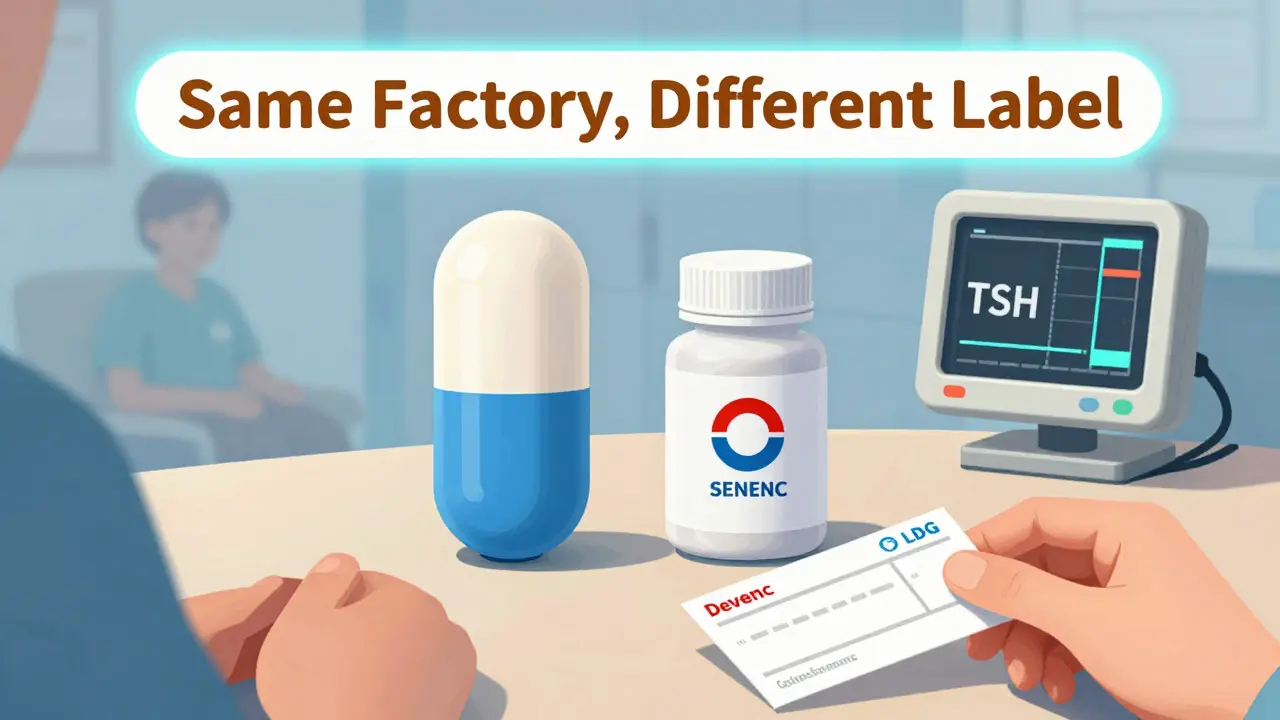 An authorized generic pill looks identical to the brand-name version, beside a different-looking generic, with a patient holding a prescription and a stable health monitor.