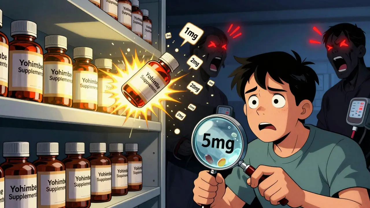 An exploding yohimbe supplement bottle spraying inconsistent dosage amounts, with a confused person holding a misleading label and emergency alerts behind them.