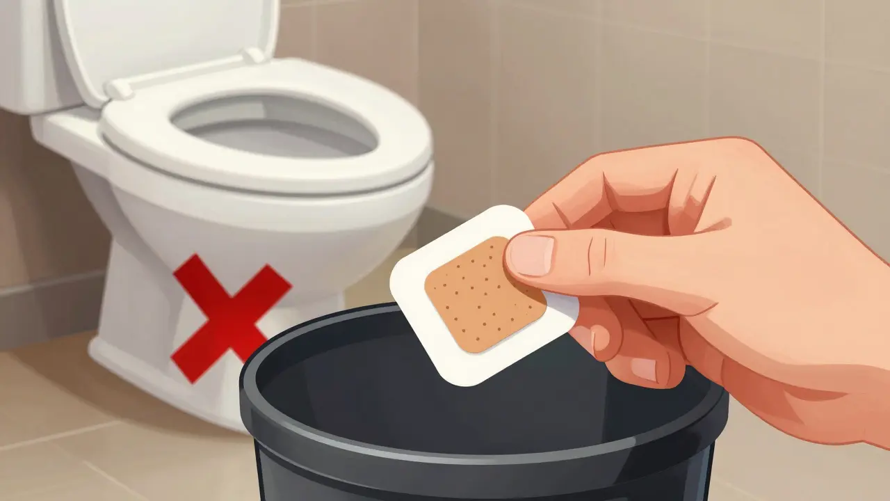 Hand folding used patch into trash, toilet with red X symbol. Concept art.