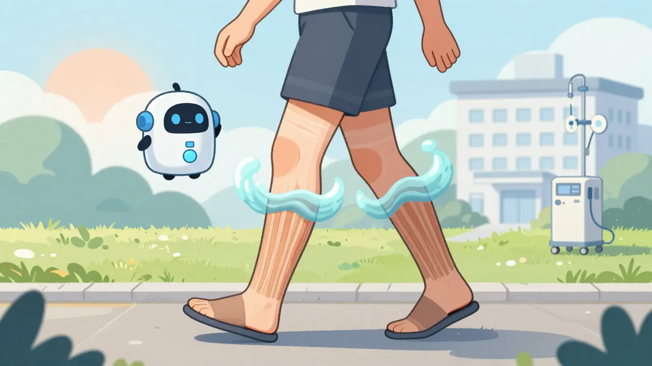 Patient walking in park wearing compression stockings, with fluid moving upward due to muscle action and a helper device nearby.
