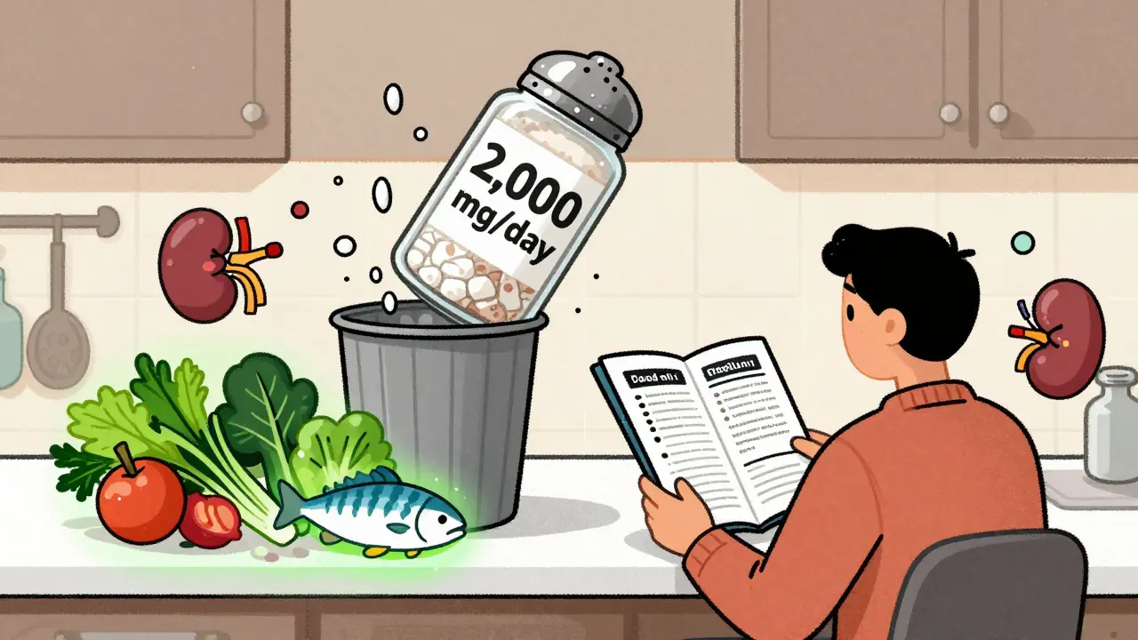 Person in kitchen discarding a large salt shaker while choosing healthy foods, with a smiling kidney watching nearby.