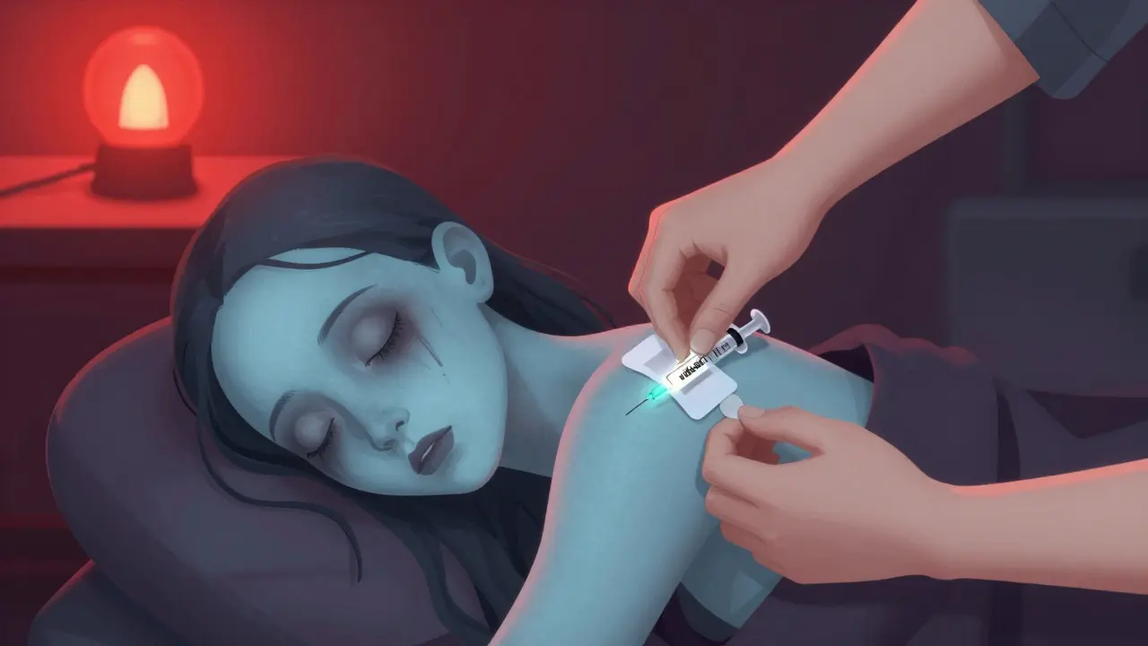 Person with blue lips and pale skin during overdose, patch on shoulder, naloxone syringe nearby.