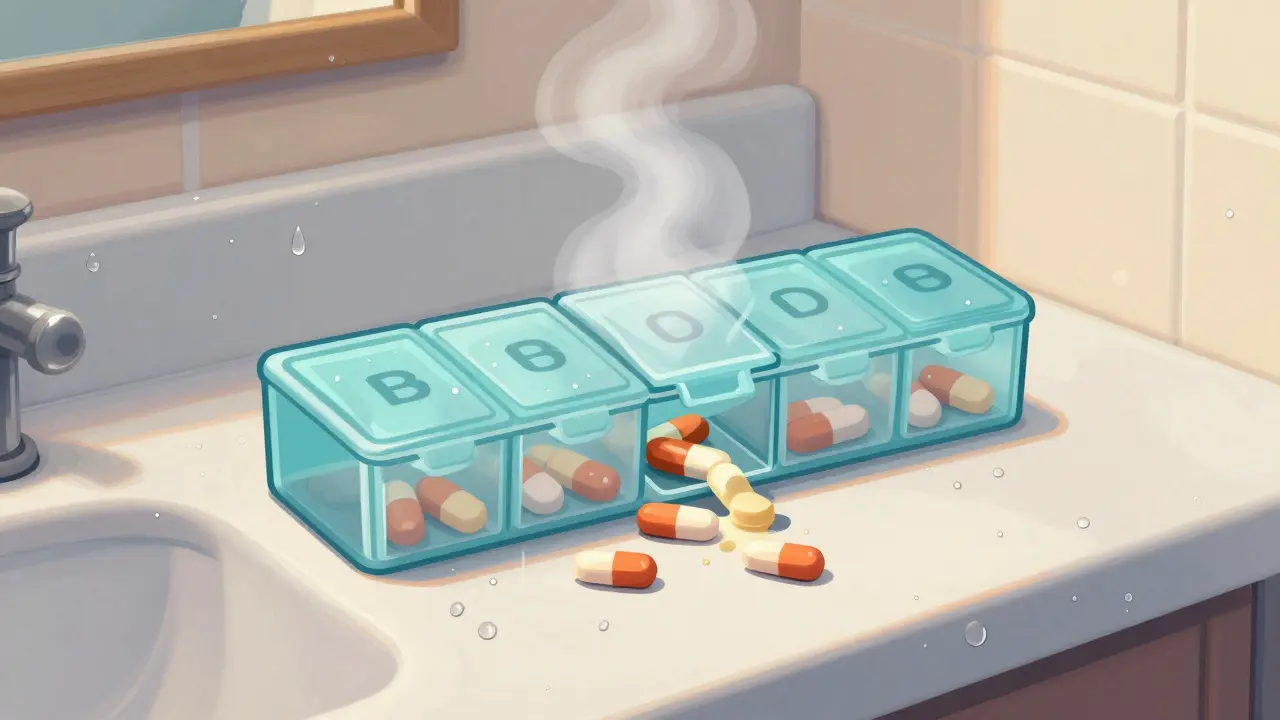 Pill organizer in steamy bathroom with stuck pills due to humidity