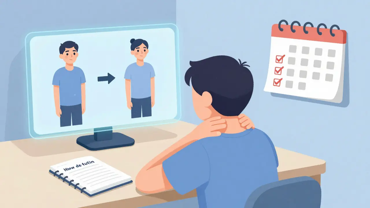 Someone doing a two-minute stretch at home guided by a video screen, tracking progress in a notebook.