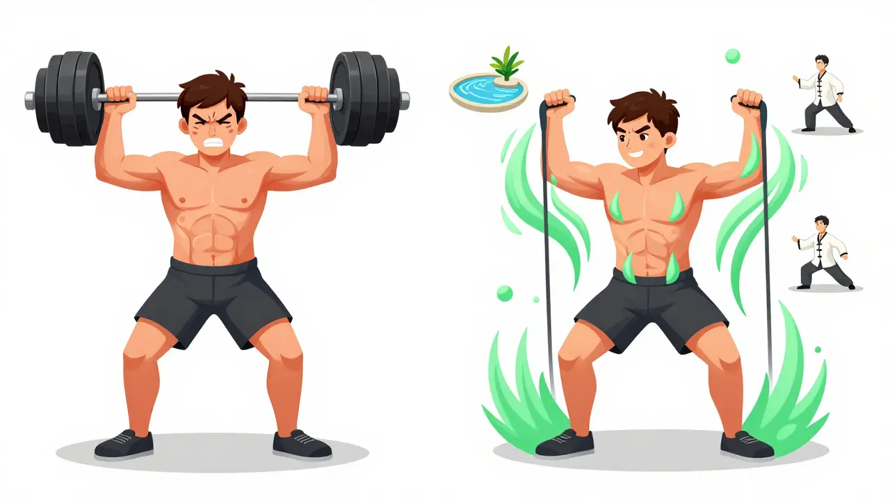 Split scene: one side shows painful heavy lifting, the other shows calm, effective low-impact exercise.