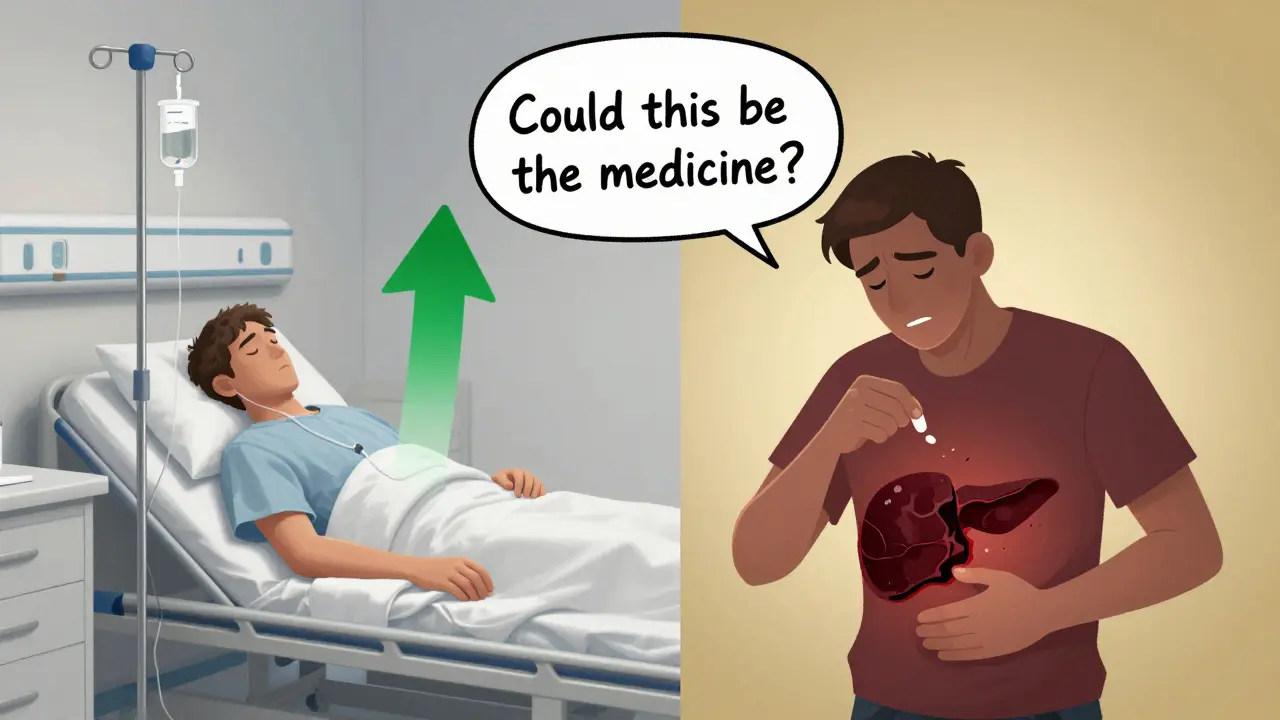Split scene: one side shows recovery with IV fluids, the other shows neglect of abdominal pain while taking medication.