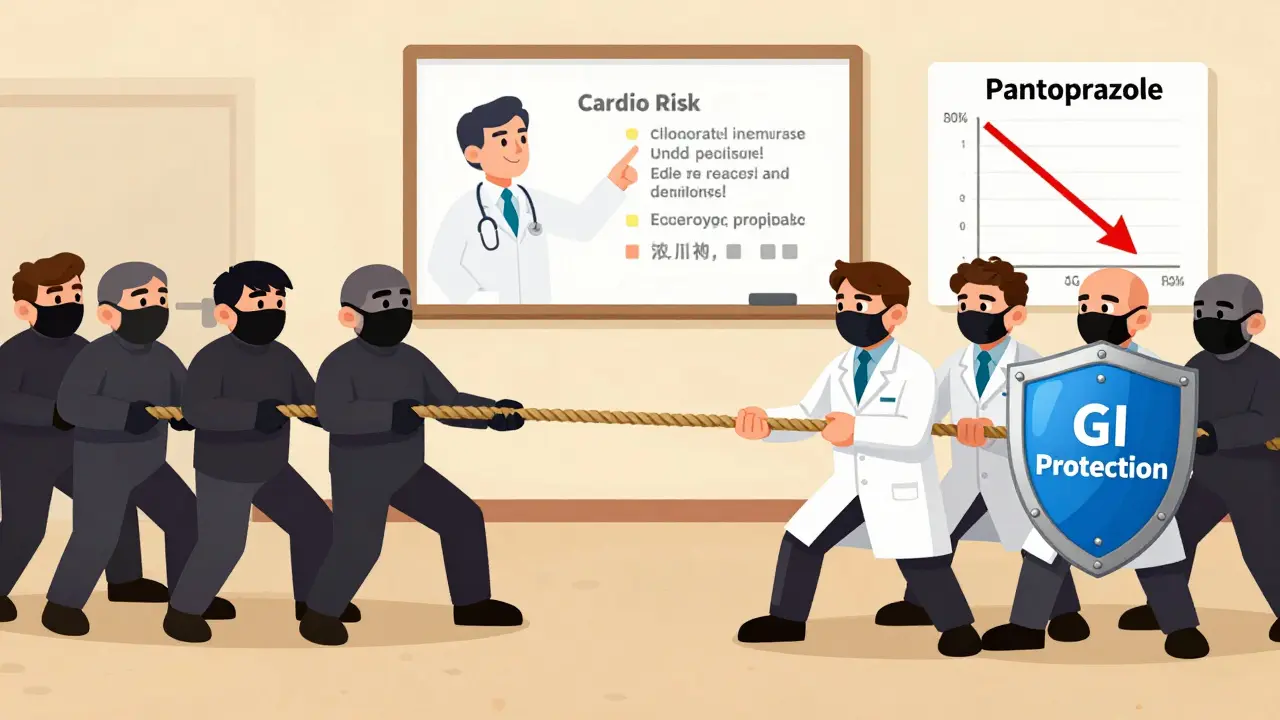 Tug-of-war between omeprazole and pantoprazole teams over clopidogrel effectiveness, with doctor guiding the choice.