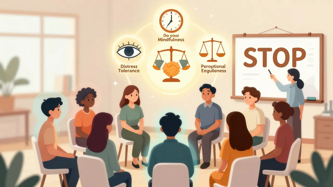 A group in therapy with floating DBT skill symbols forming a protective halo above them, symbolizing emotional support and structure.