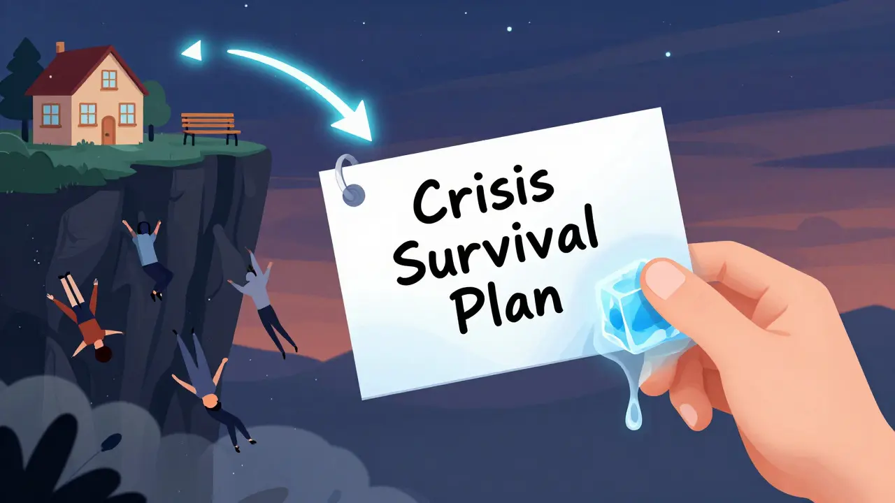 A person holding a crisis plan card at a cliff's edge, with glowing safe spaces above and calm light from an ice cube below.