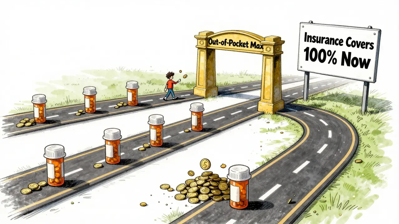 A person walking along a yearly path of prescription costs, reaching a golden gate where insurance covers everything after hitting the out-of-pocket maximum.