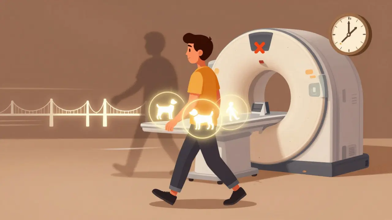 A person walking with exercise icons protecting their lower back while an MRI fades away.