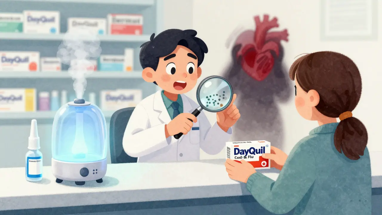 A pharmacist stopping a customer from buying cold medicine, revealing hidden decongestant ingredients.