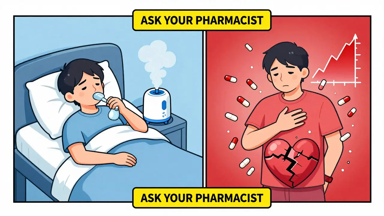A split image showing safe congestion relief on one side and dangerous drug effects on the other.