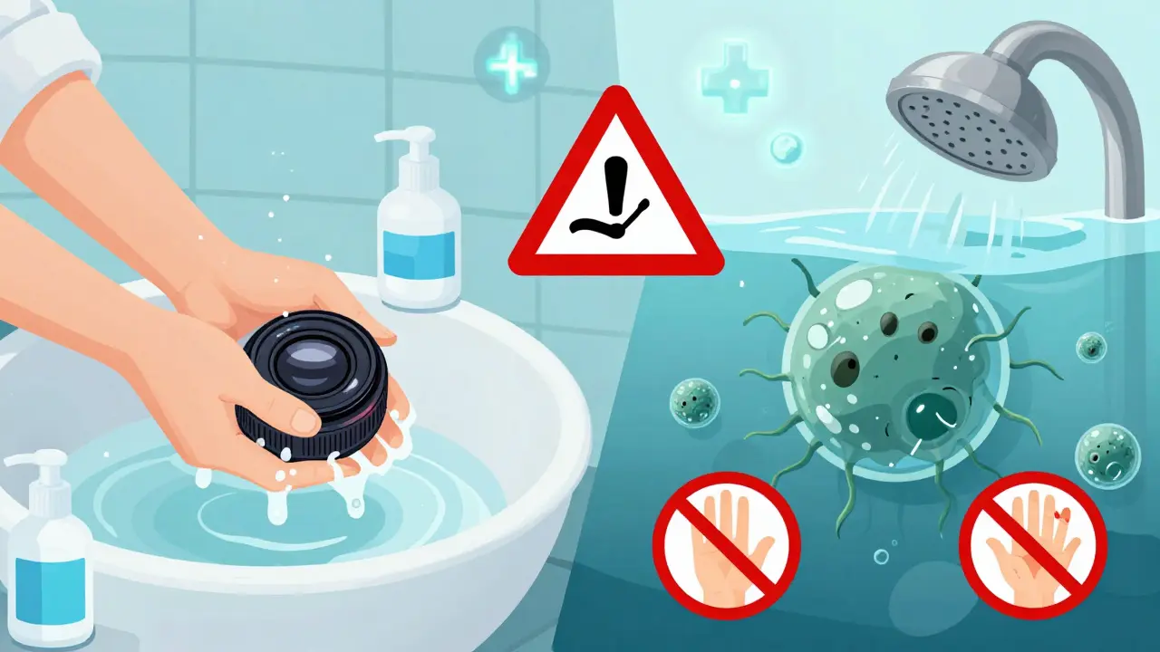 A split scene: clean lens hygiene on one side, contaminated lens in tap water with amoebas on the other, with warning symbols in between.