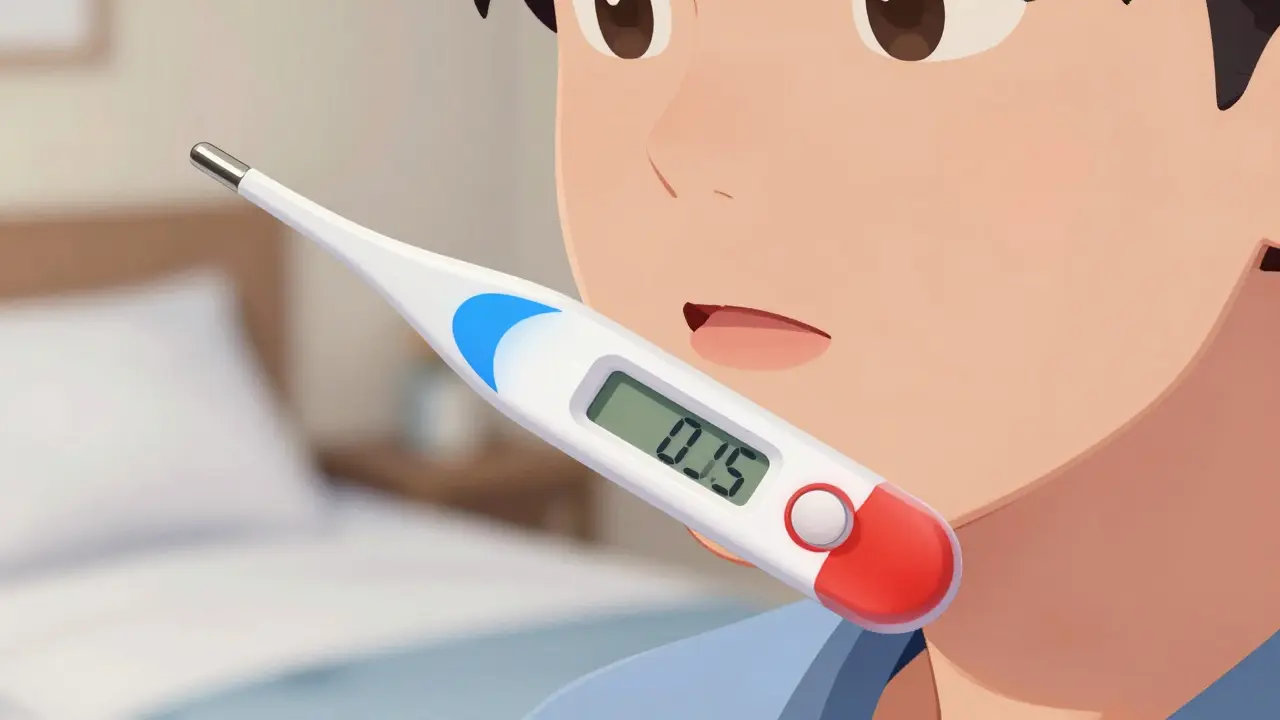 Adult using thermometer with color gradient showing fever levels