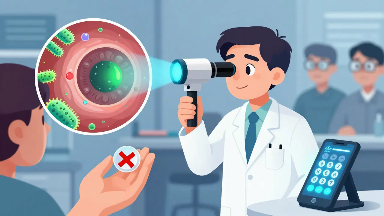 An eye doctor examining a fluorescent ulcer with a slit lamp, while a patient discards contacts and dials for emergency care.