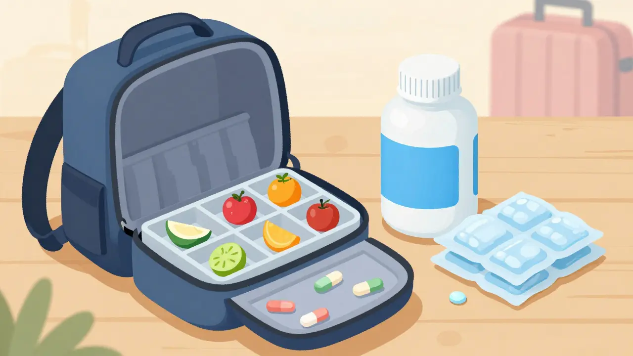 Backpack packed with stable chewable tablets versus bulky liquid bottles for travel.