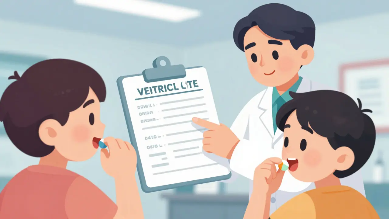 Child learning to properly chew a medication tablet with parent supervision.