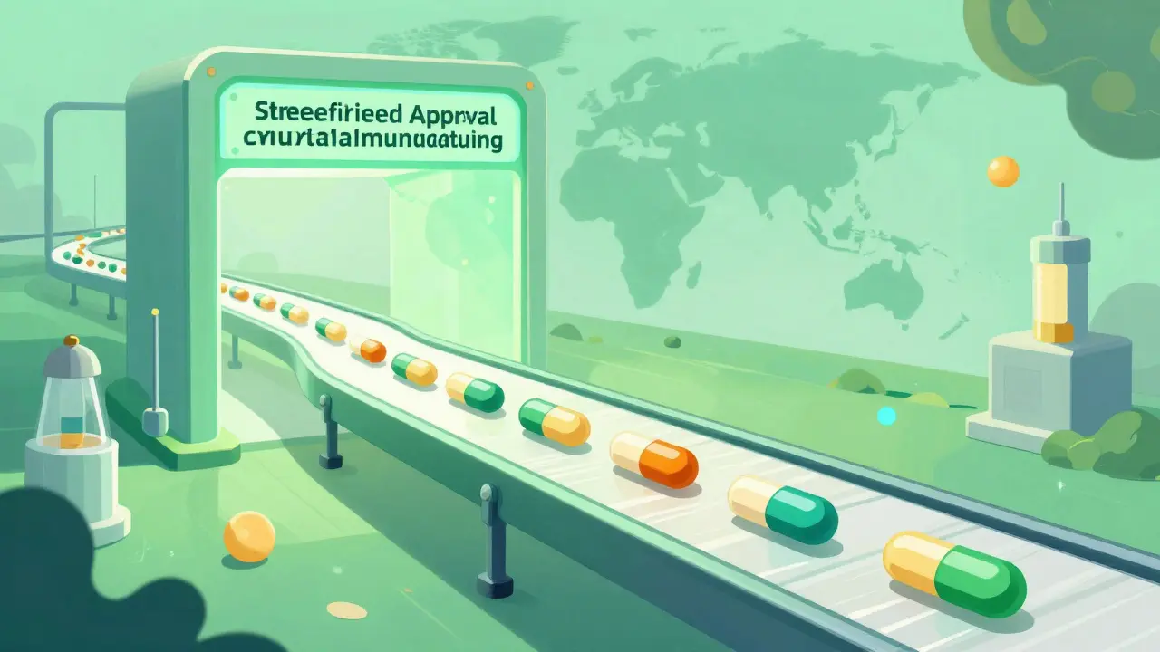 Concept art of streamlined manufacturing passing through approval gate.