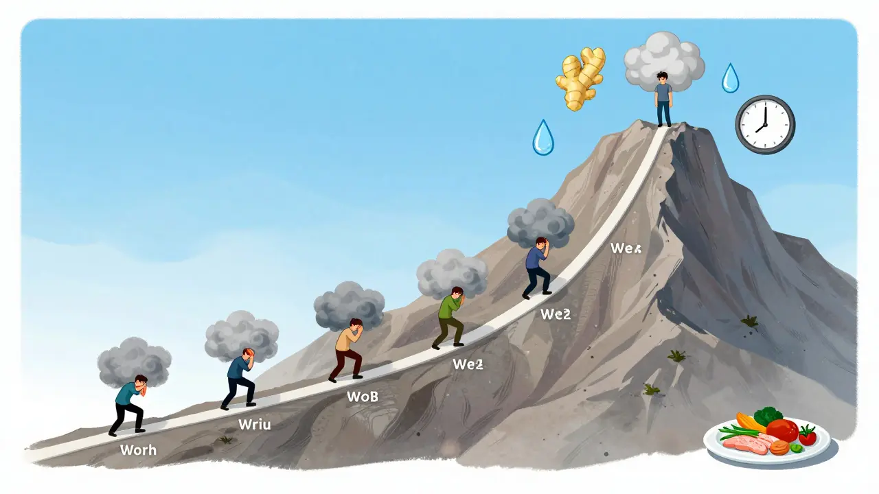 Dose escalation path up a mountain with nausea clouds thinning into clear skies, supported by ginger, water, and bedtime icons.