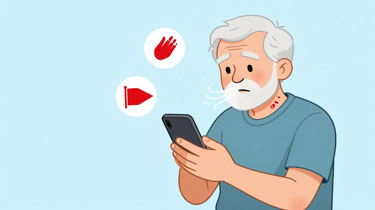 Elderly person holding phone near hospital crossroad icon