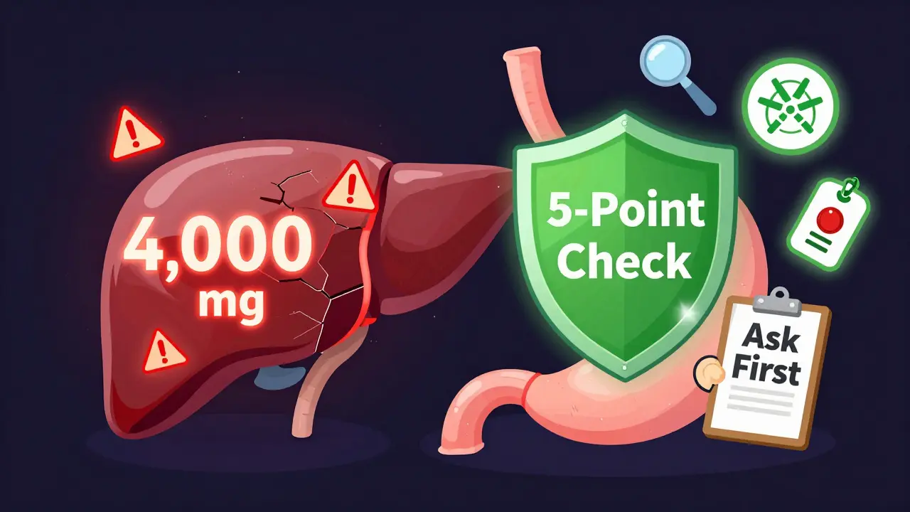 Human liver and stomach with warning signs vs. protective 5-Point Check shield, surrounded by health icons.