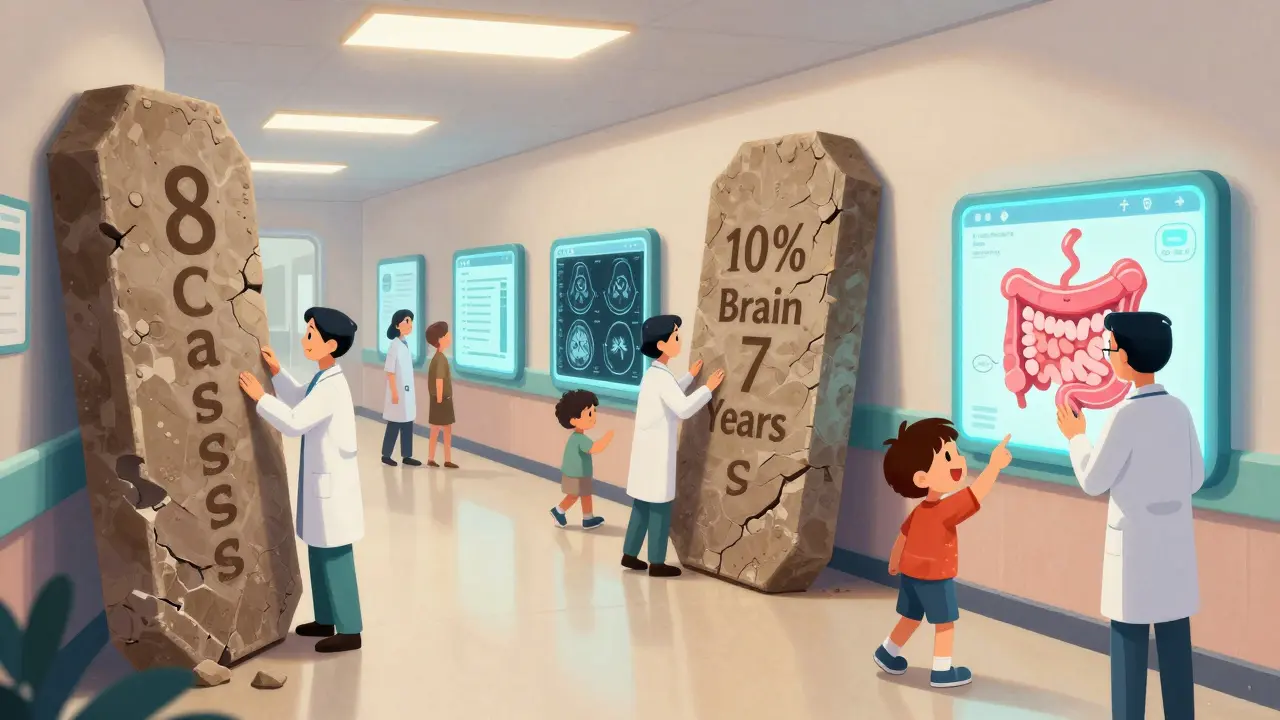 Patients in a hospital hallway watching myths crumble as science-based screens replace them.
