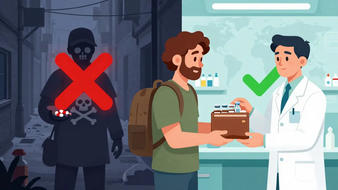 Safe pharmacy visit vs. dangerous street vendor for medication replacement.