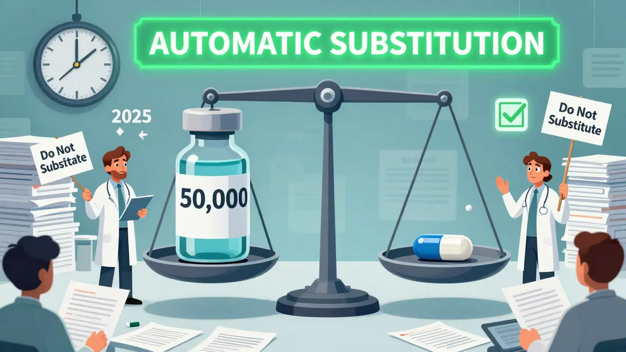 Scale balancing expensive biosimilar and small generic pill, pharmacists overwhelmed by paperwork, future automation banner glowing above.