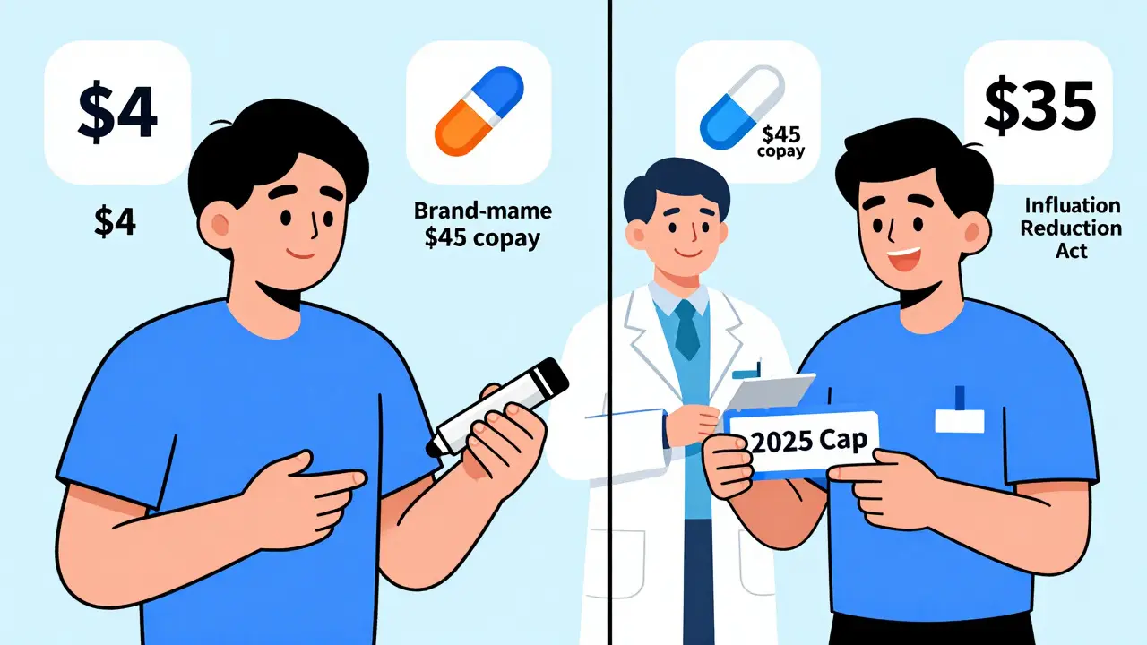 Side-by-side comparison of paying full price for insulin versus  cap under new law, with icons showing different medication costs.