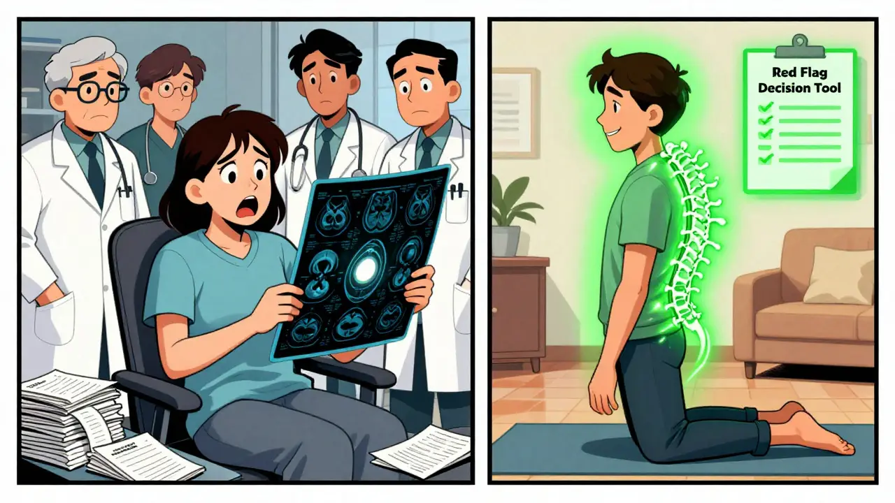 Split scene: one side shows anxiety over an MRI scan, the other shows calm exercise with healing light.
