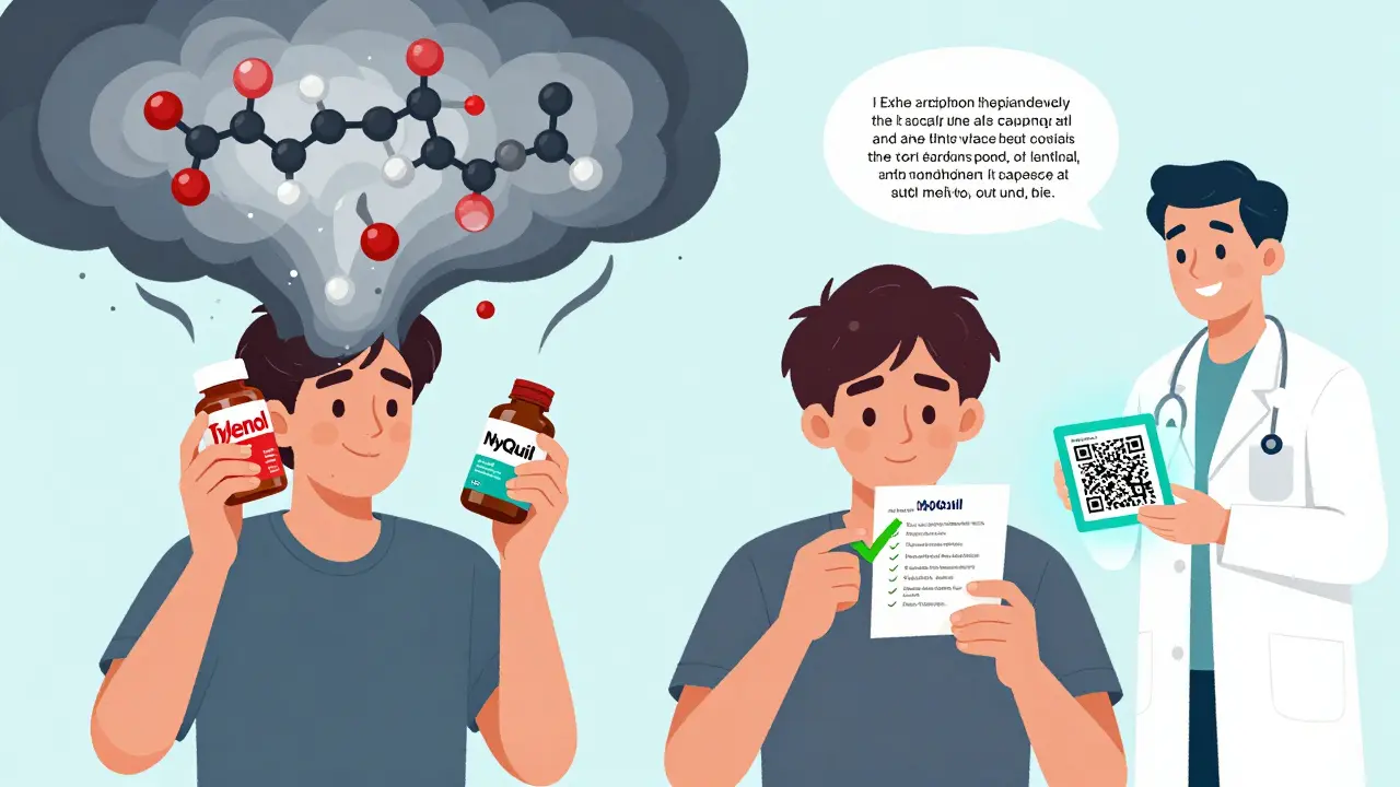 Split scene: one side shows dangerous drug combination, other shows safe label reading with pharmacist and QR code.