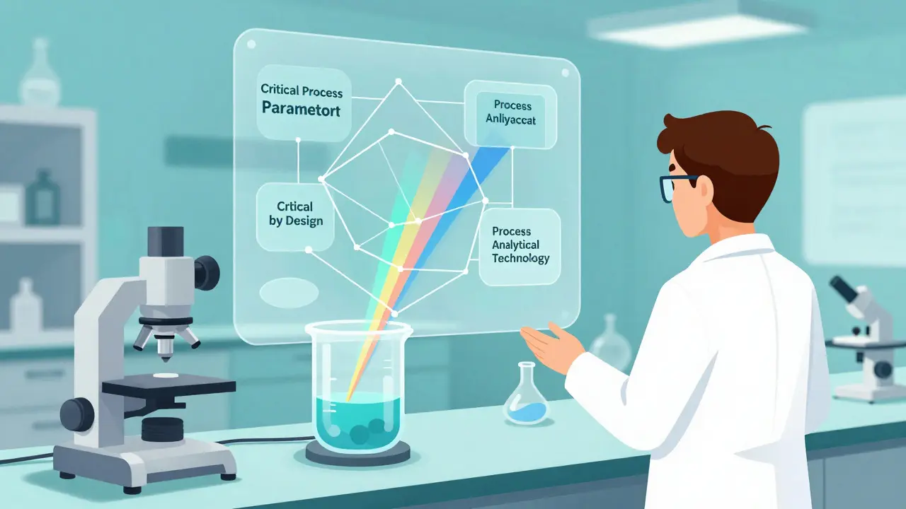 Stylized lab scene with scientist observing design space visualization.